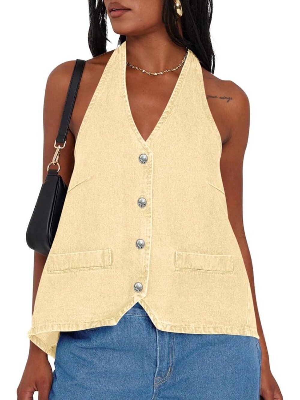 Women's Beige Sleeveless V Neck Button Up Waistcoat Out Jean Tank Tops